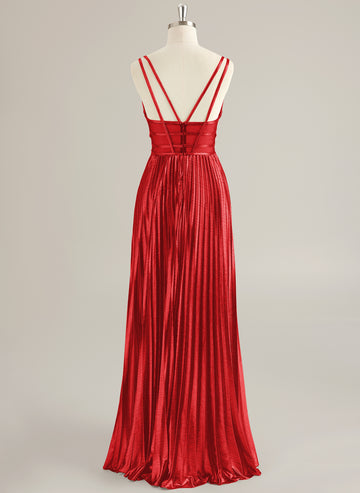 A-line V-Neck Floor-Length Jersey Prom Dresses With Pleated